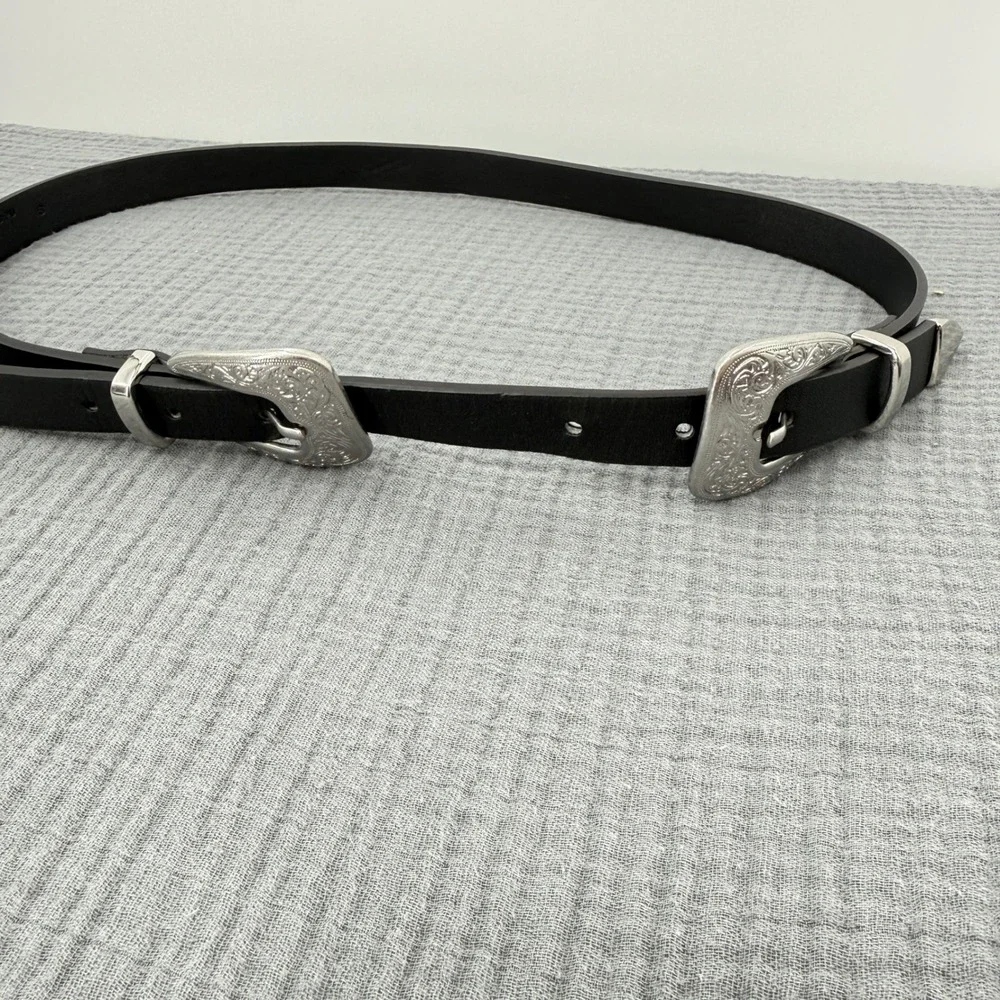 Black Bonded Leather Double Buckle Western Belt Silver Engraved Size S 35in